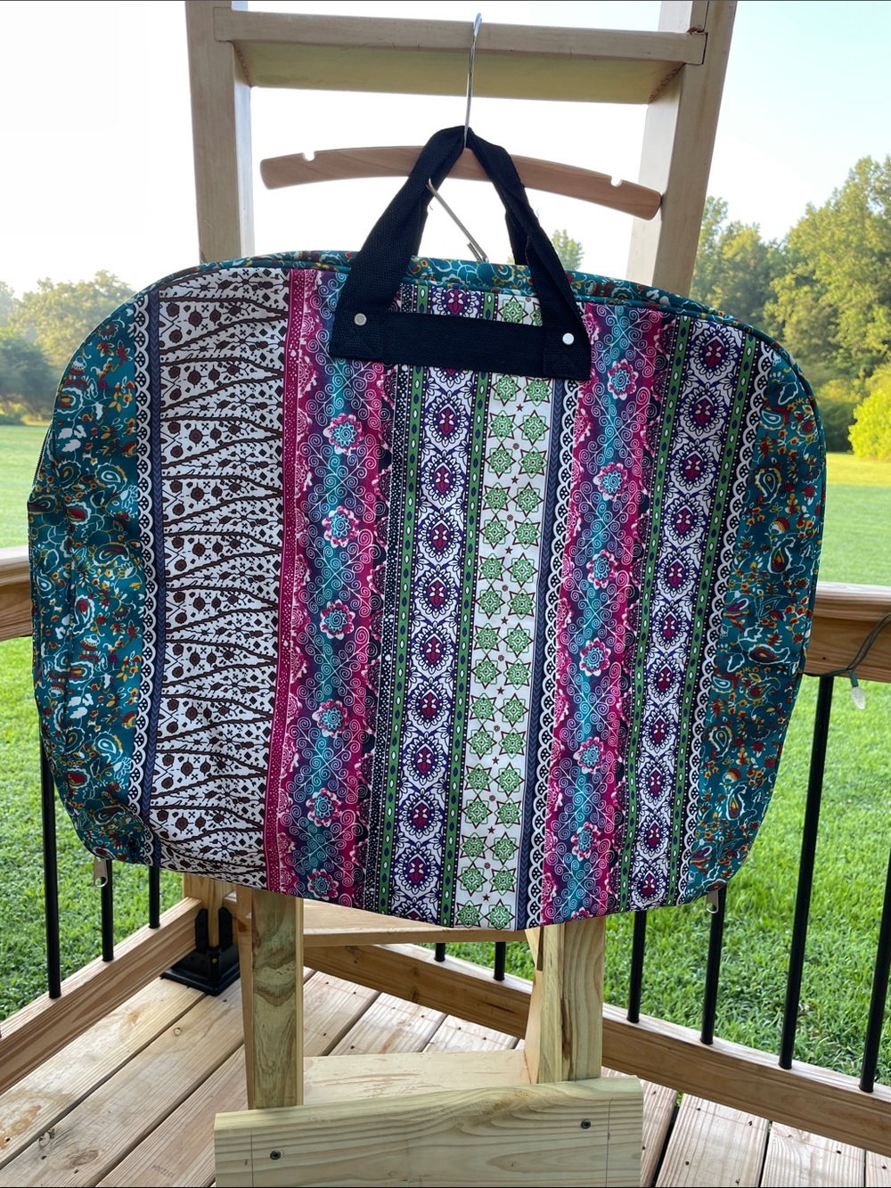Multicolor Patterned Travel Tote Bag with Black Handles